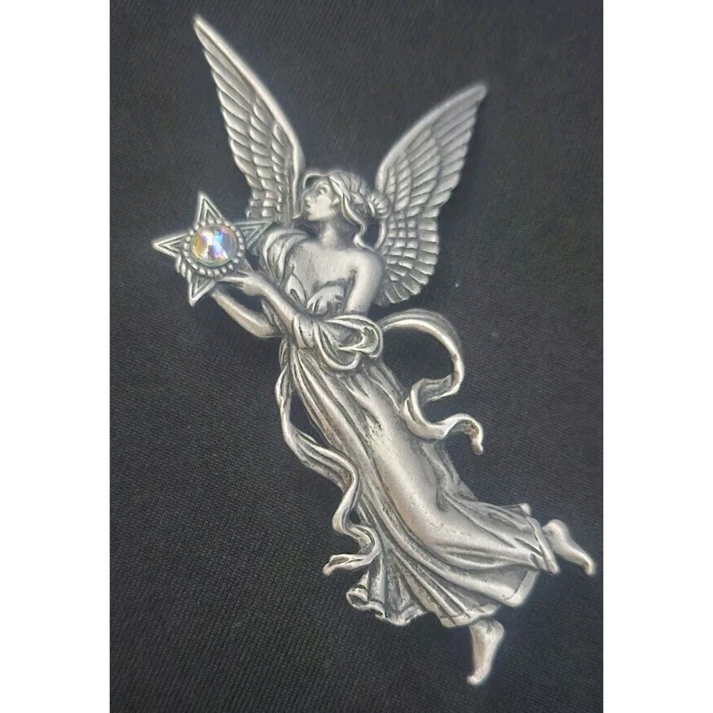 JONETTE JEWELRY - LARGE PEWTER ANGEL W AURORA BOREALIS STONE IN STAR BROOCH /PIN